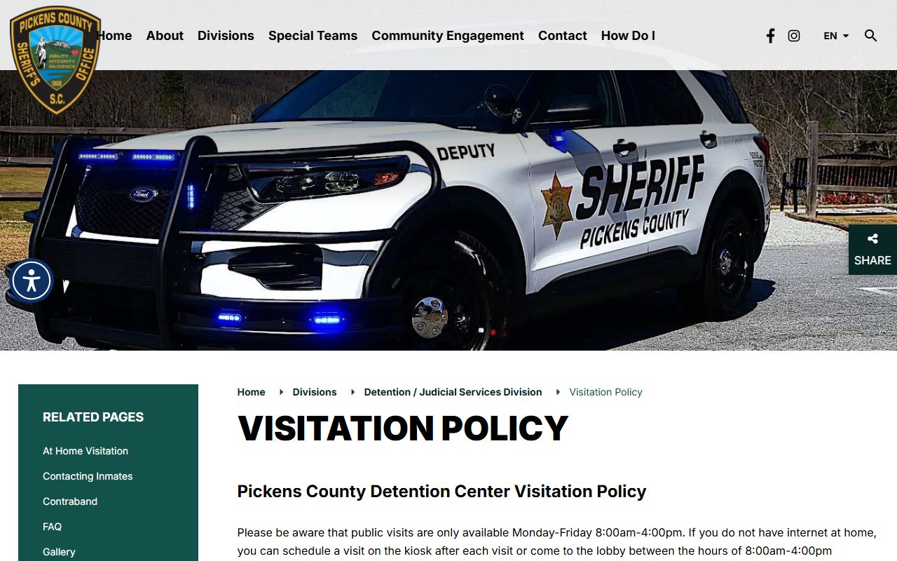 Pickens County inmate records detention visitation policy