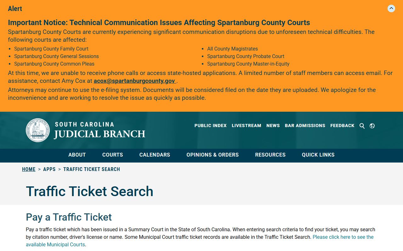 Pickens County traffic court records SC Judicial Branch traffic ticket search