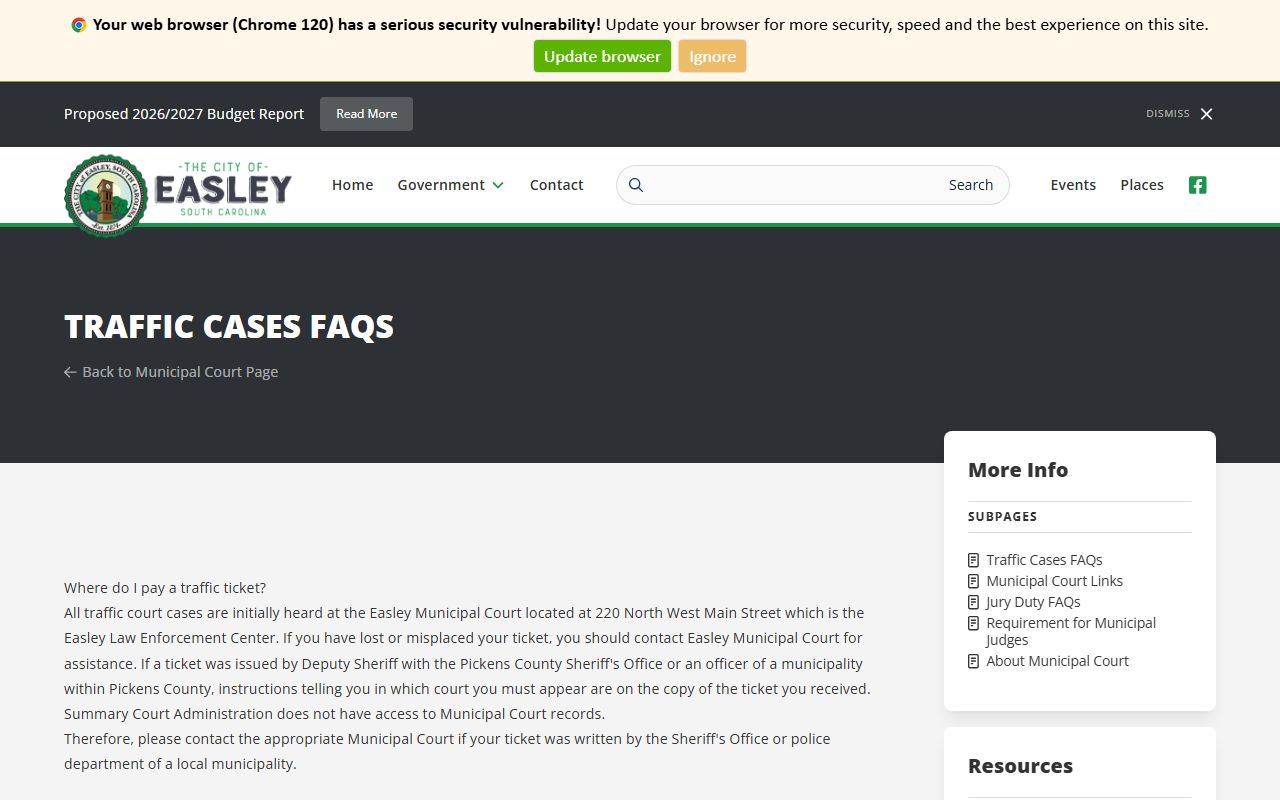 Pickens County traffic court records Easley traffic case FAQ