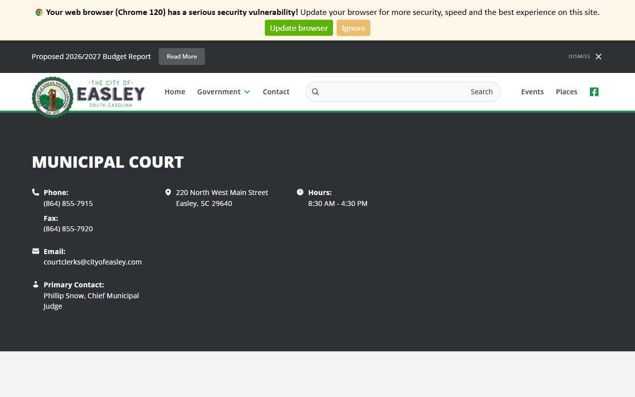 Pickens County traffic court records Easley Municipal Court page