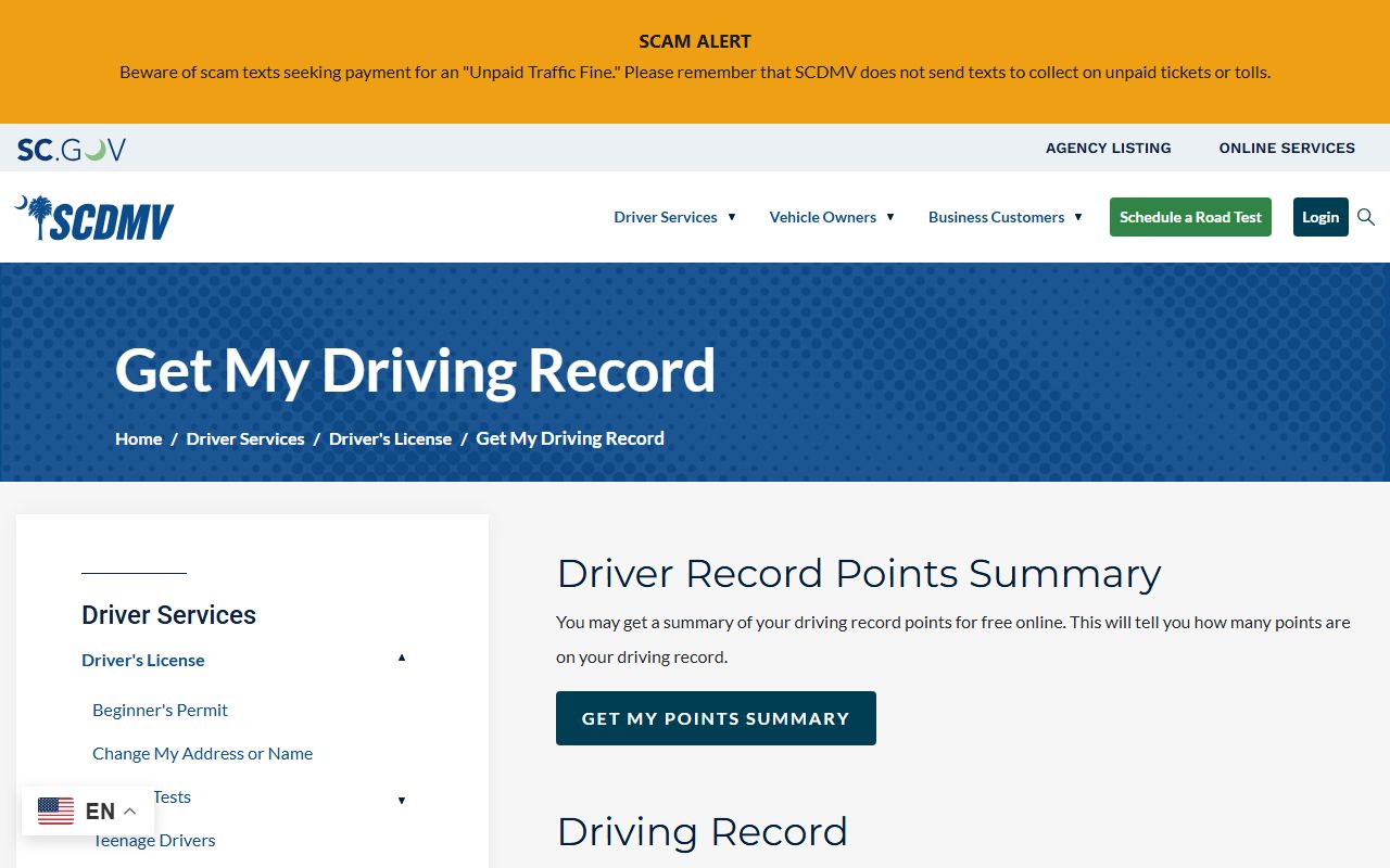 Pickens County traffic court records SCDMV driving record page
