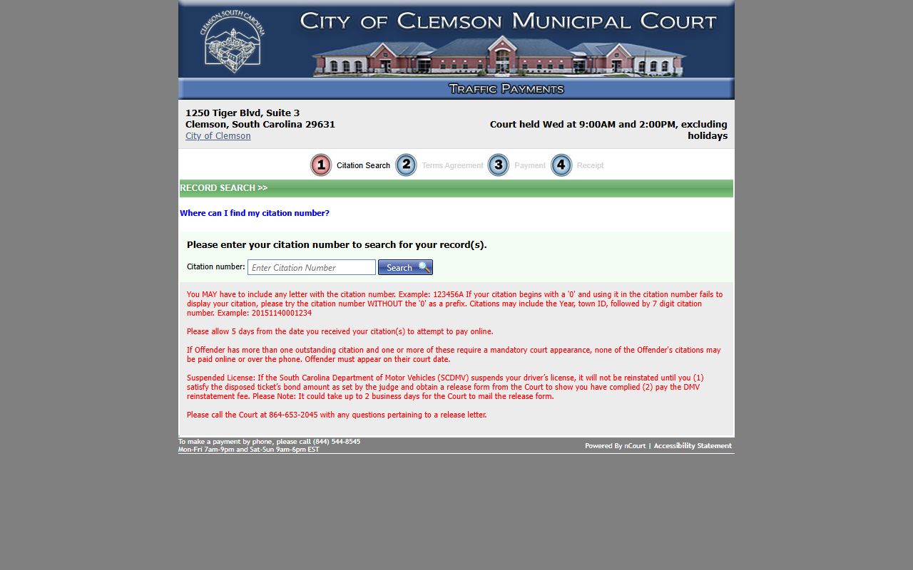Pickens County traffic court records Clemson nCourt payment portal